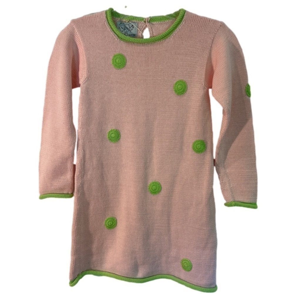 Zackali 4 Kids Hand Knitted Pink & Green Polka Dot Sweater Dress NWT
